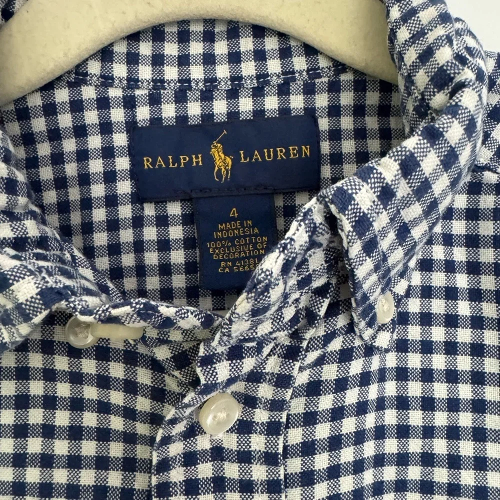 Ralph Lauren boys navy & white checkered button down shirt top size 4 years